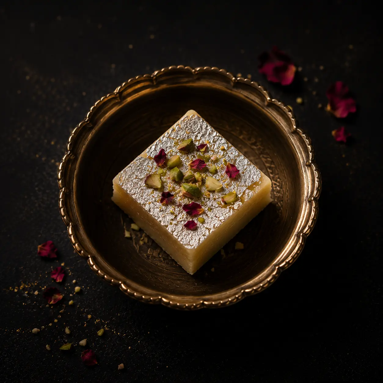 Kaju barfi with silver leaf on an ornate brass thali