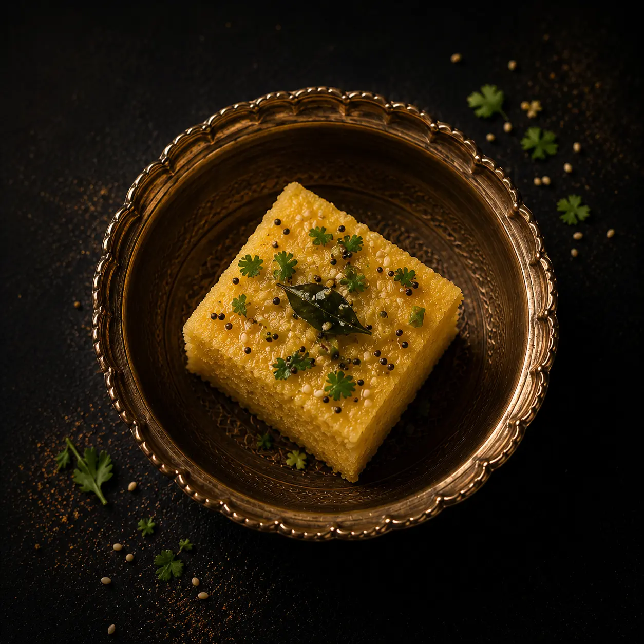 Fluffy steamed dhokla topped with mustard seeds and fresh coriander