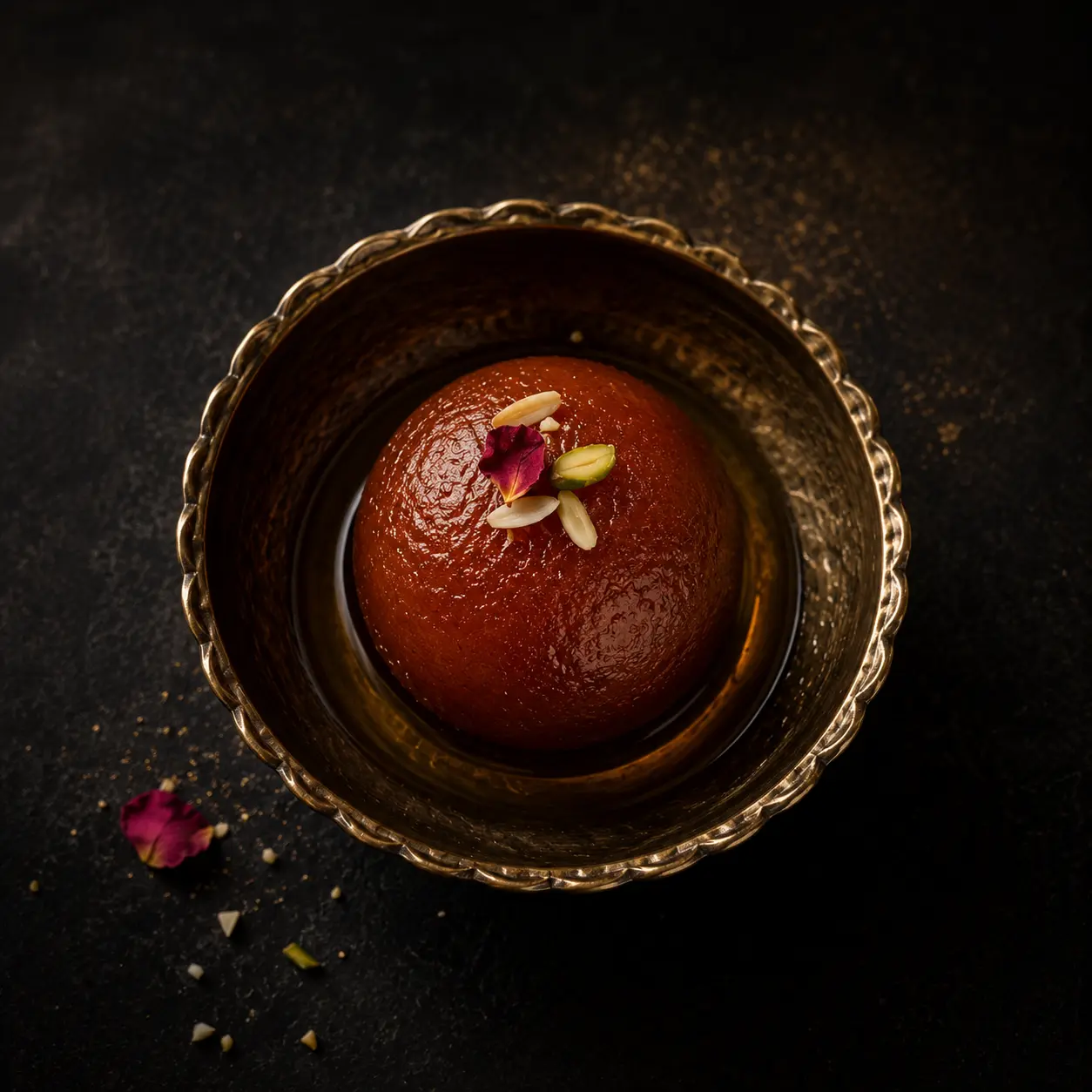 Gulab jamun in syrup in an ornate brass bowl