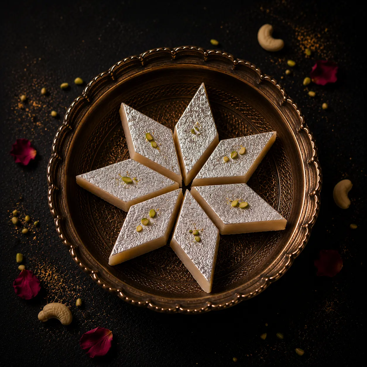 Kaju katli with silver leaf arranged in a star pattern on an ornate brass thali