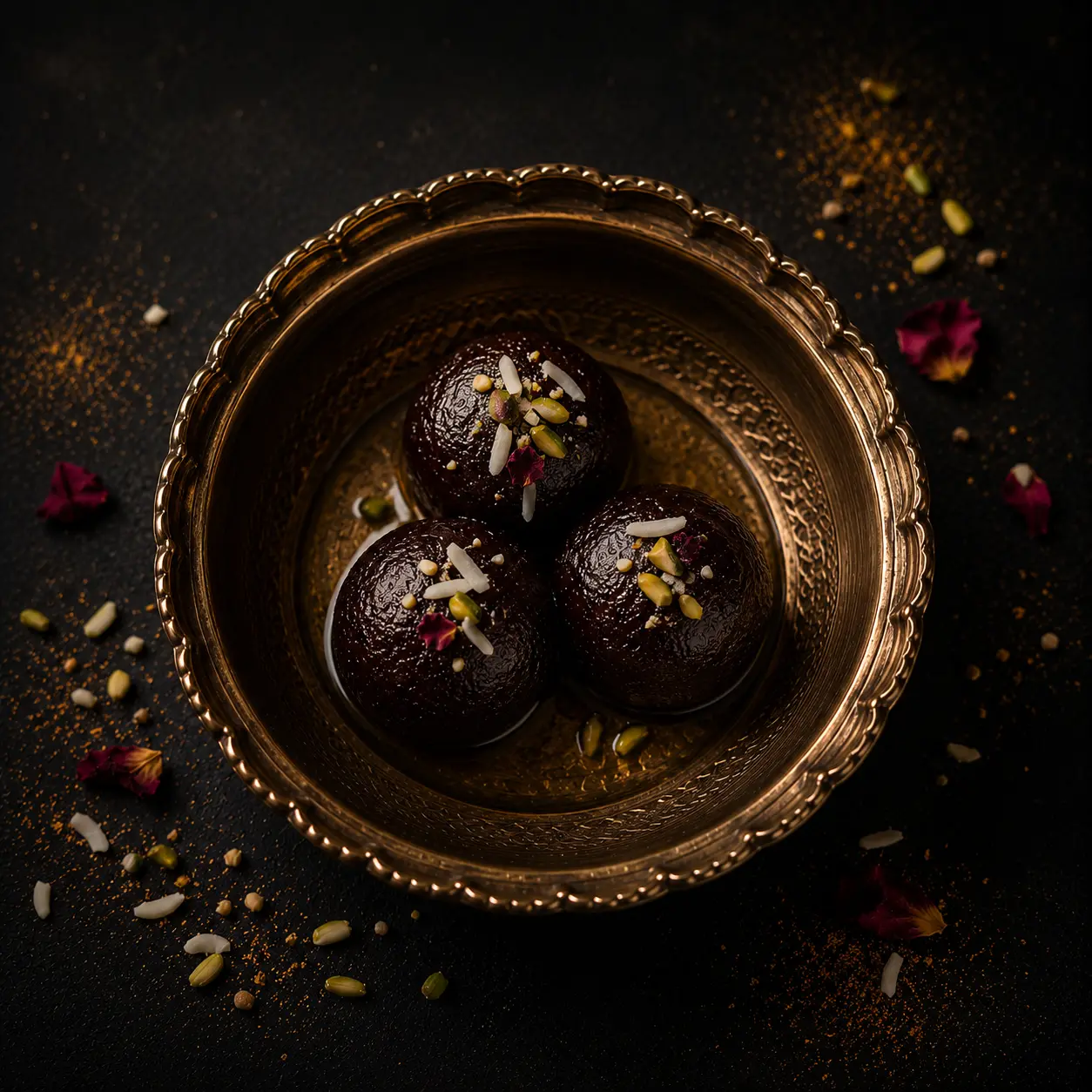 Kala jamun, dark syrup-soaked spheres garnished with pistachios and rose petals