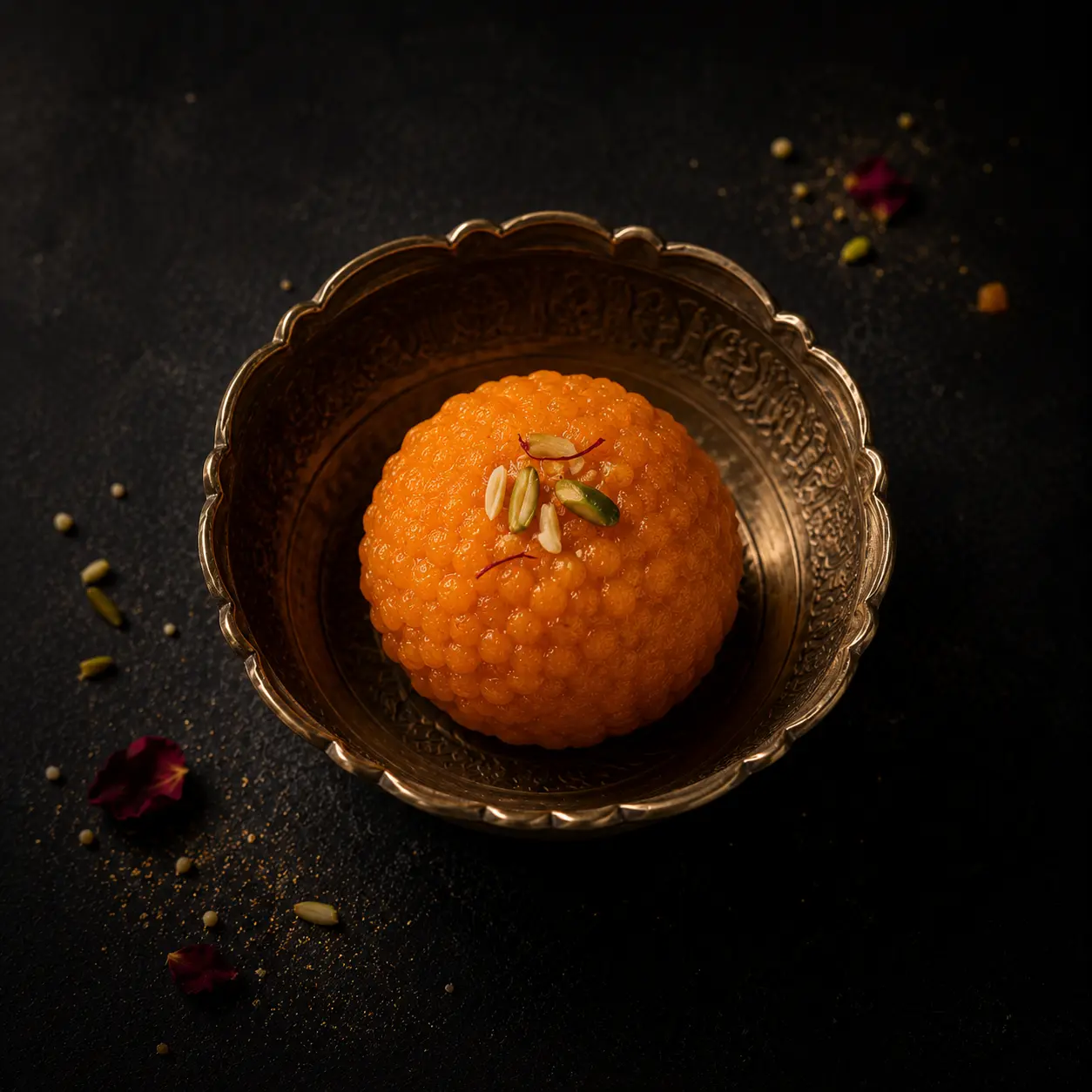 Motichoor ladoo garnished with saffron and pistachios