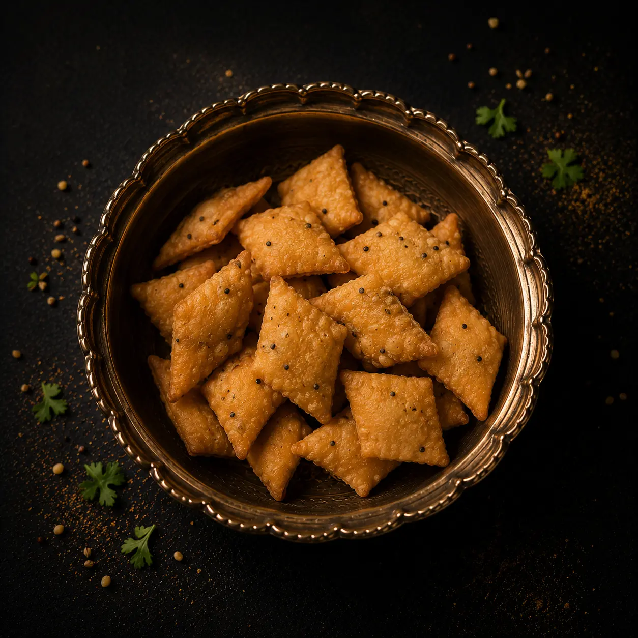 Crispy mathi biscuits with nigella seeds in an ornate brass bowl