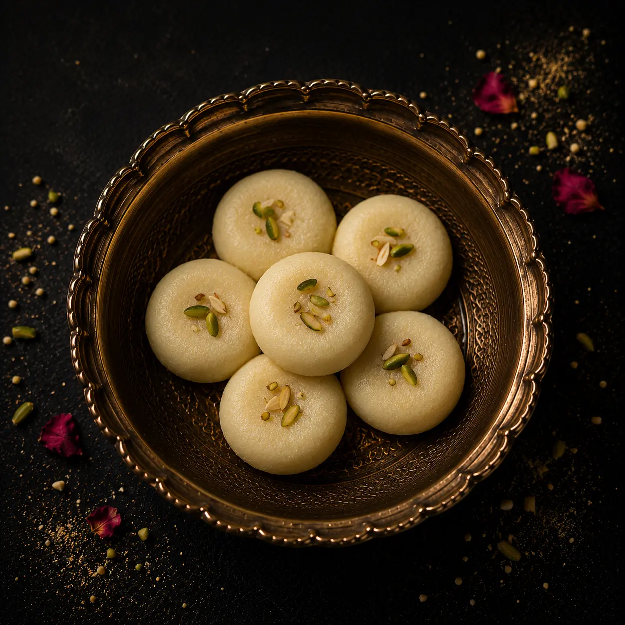 Soft white rasgulla balls topped with pistachios in an ornate brass bowl
