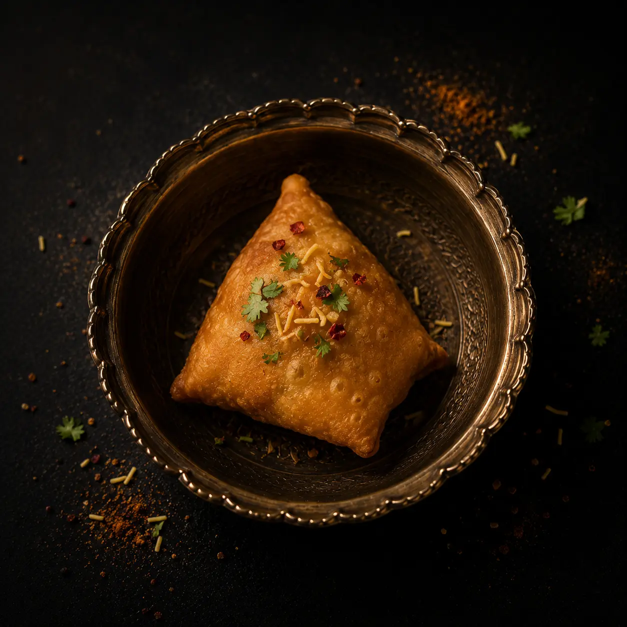 A golden samosa garnished with coriander and spices in an ornate brass bowl