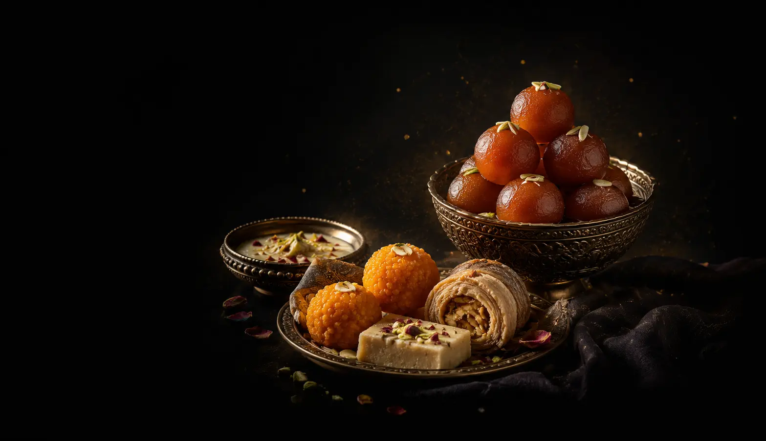 A lavish spread of Indian mithai: gulab jamun, motichoor ladoo, barfi and more on ornate silver thalis