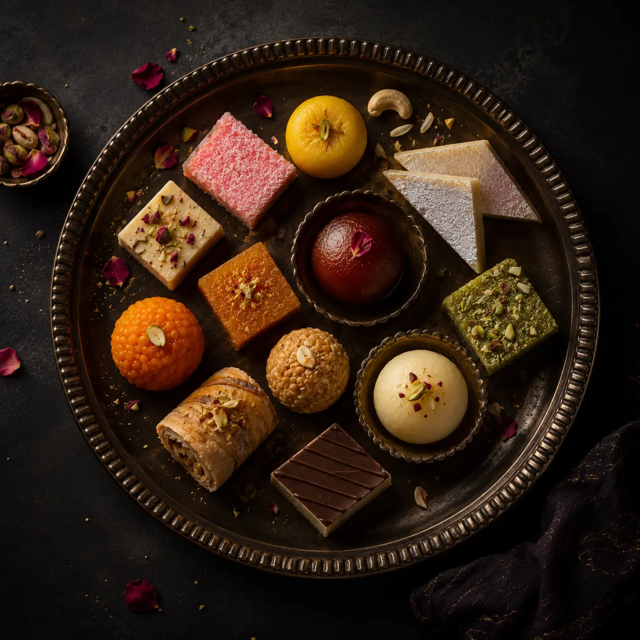 An ornate silver thali displaying a curated selection of handcrafted Indian mithai: barfi, gulab jamun, laddoo, kaju katli and more